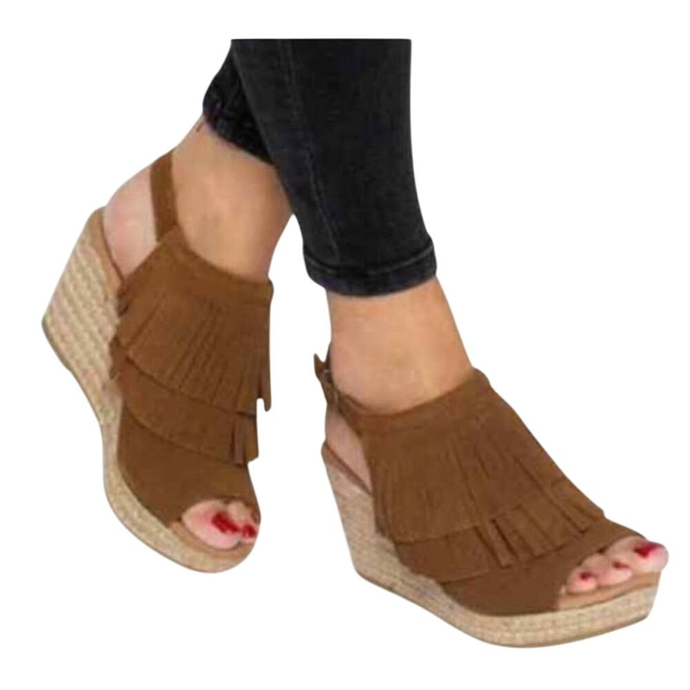 Minnetonka Ashley Fringe Wedge Sandals - Brown - Size 11 NEW